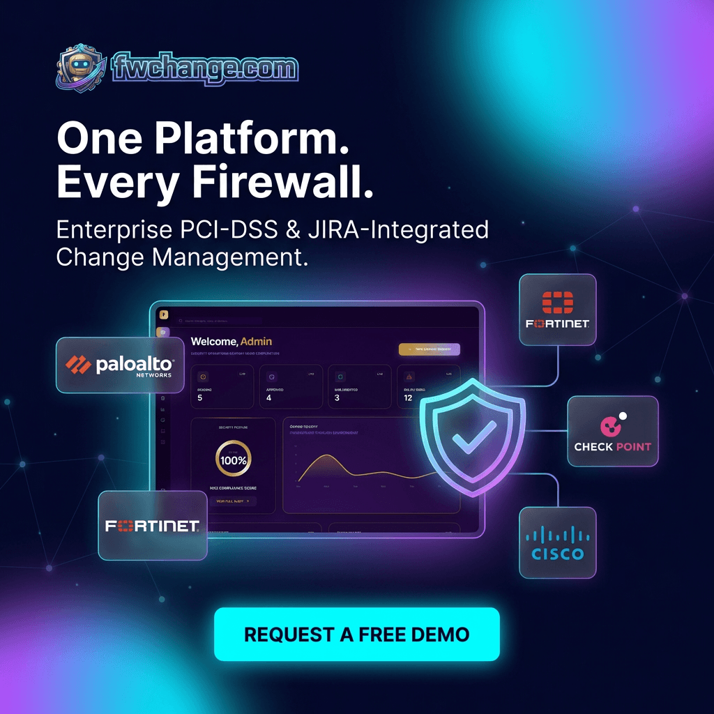 One Platform. Every Firewall. Enterprise PCI-DSS & JIRA-Integrated Change Management for Palo Alto, Fortinet, Check Point, and Cisco