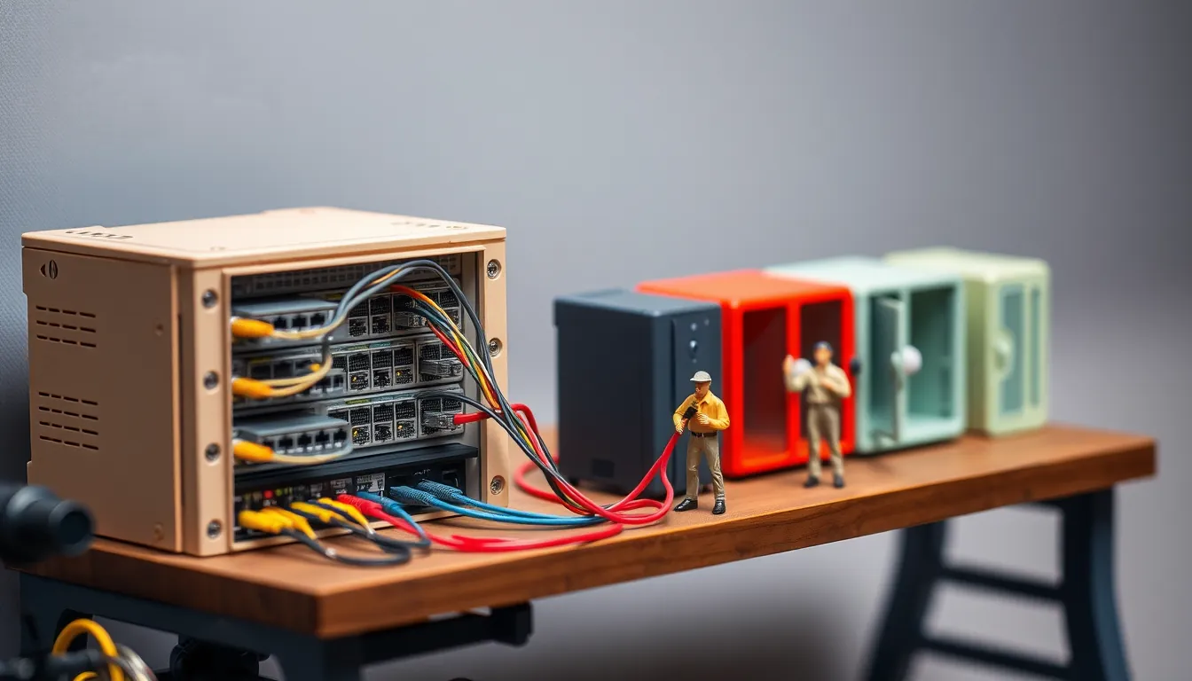 Scale model of an old firewall appliance with colour-coded cables running across a bench to four new appliances