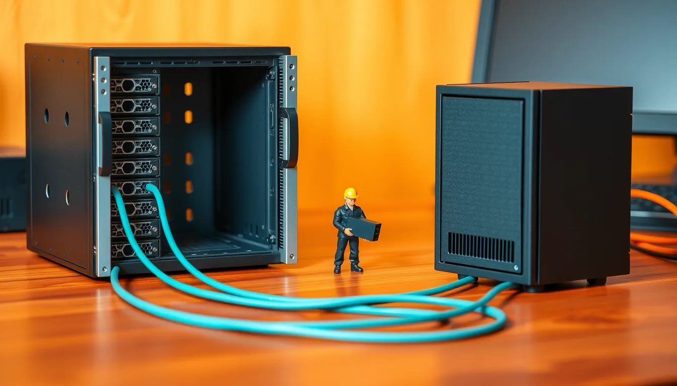 Miniatur-Serverrack mit leerem Einschub, türkisfarbene Kabel führen zu einer separaten Firewall-Box daneben, ein winziger Techniker hält das ausgebaute Gerät