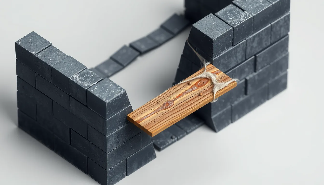 A steel firewall wall with one section knocked open as an emergency bypass, the breach bridged by a dusty cobwebbed plank left long after the incident