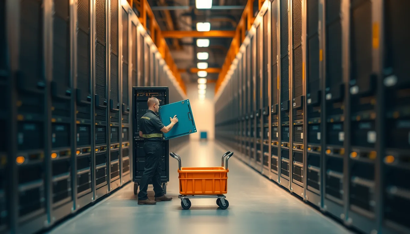 Techniker in einem Rechenzentrumsgang hebt eine Netzwerk-Sicherheitsappliance aus dem Rack, daneben wartet ein leerer Transportwagen