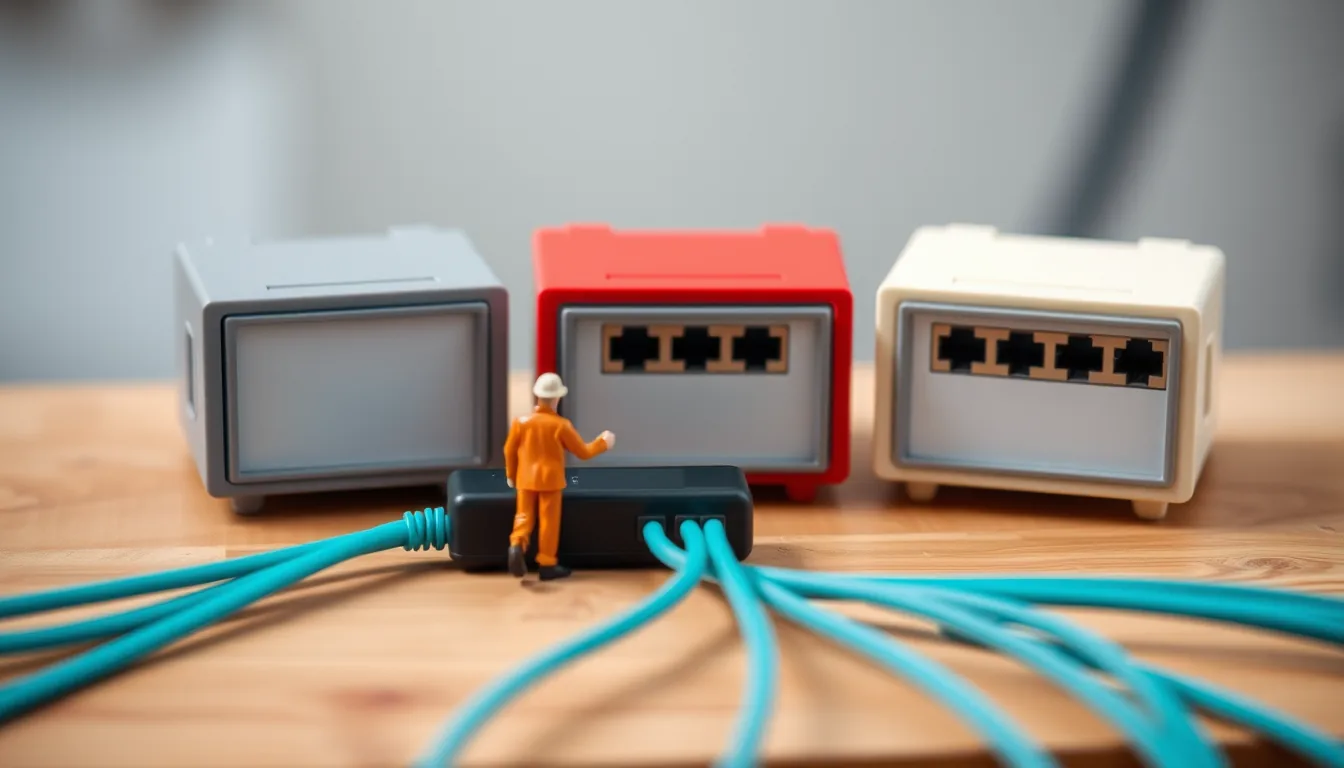 Three firewall appliances of different makes on a workbench, cabled to one central control unit, with an engineer choosing which cable to connect