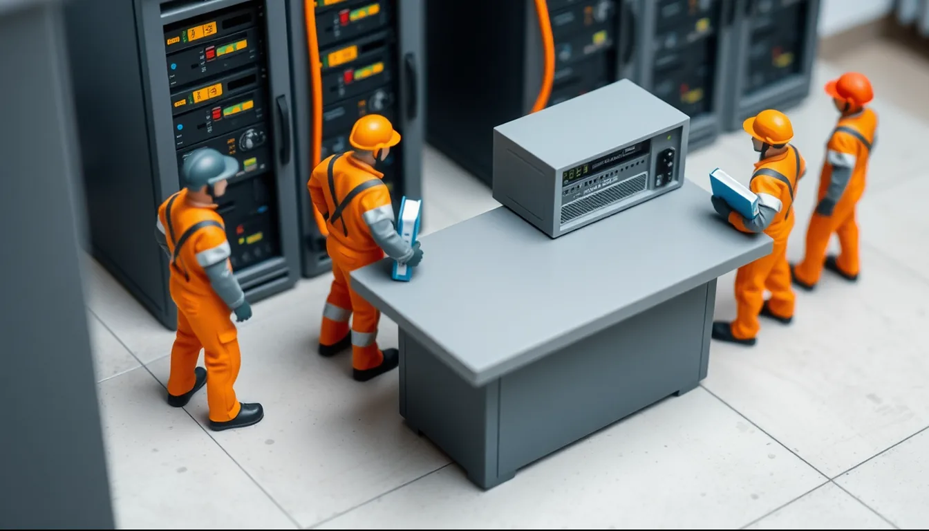 Miniaturmodell eines Serverraums: Ein externes Team in Orange übernimmt am Tresen eine Firewall, während ein interner Mitarbeiter das blaue Protokollbuch behält