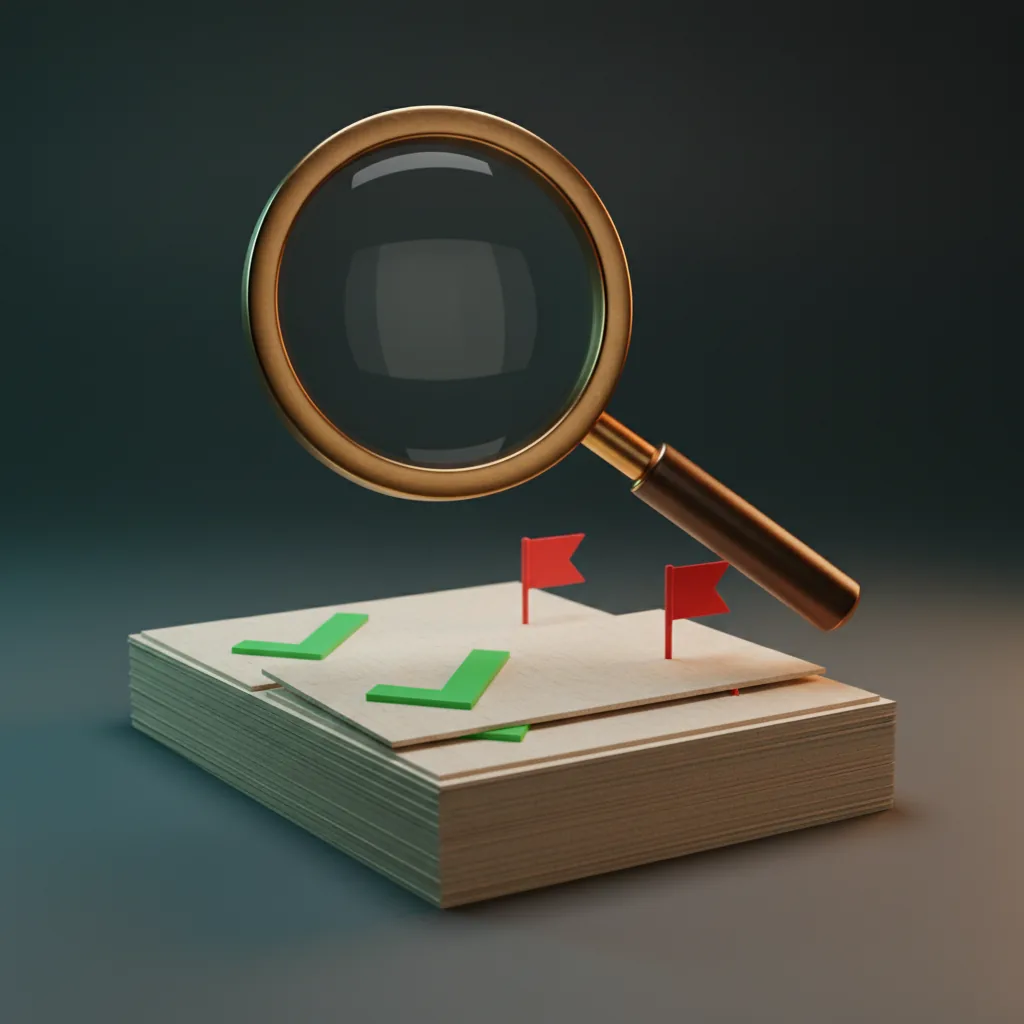 A magnifier auditing a stack of firewall rules with ticks and flags