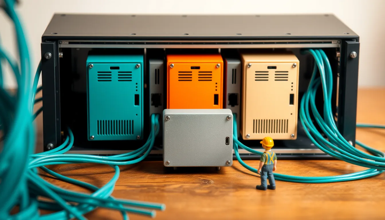 Firewall appliances of different sizes on a rack, all cabled to one central management console on a desk, with a tiny engineer standing between them