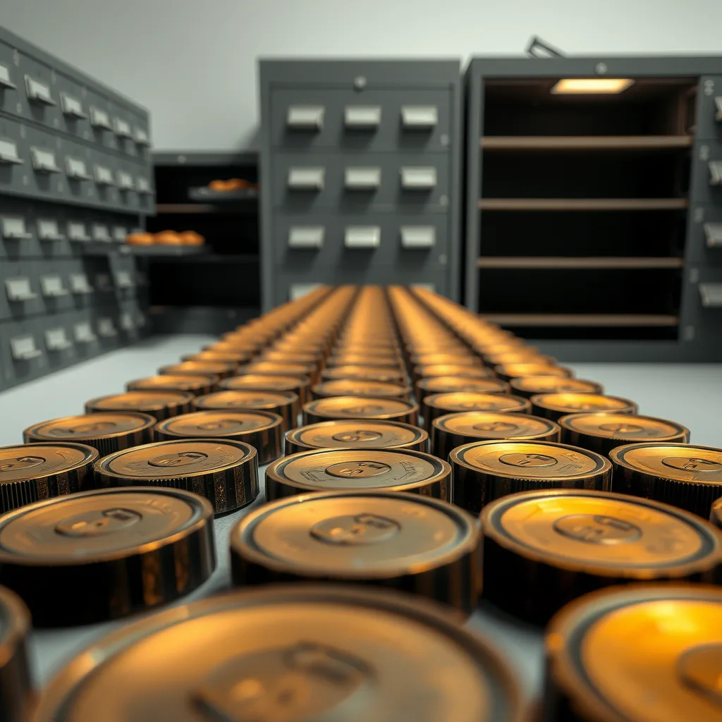 Hundreds of identical stamped seals lined up in rows in front of a bank of empty open filing drawers