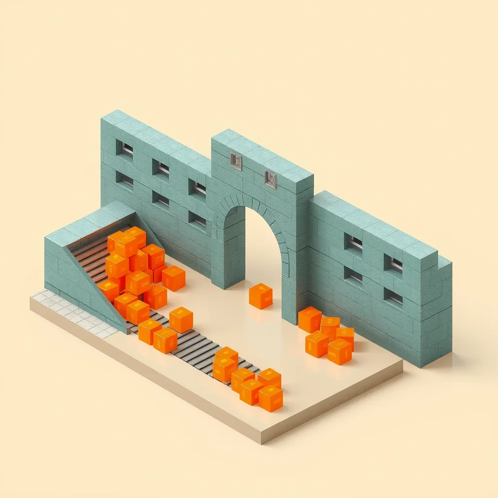Isometrischer Firewall-Kontrollpunkt, der ausgehende Datenpakete filtert, einige passieren das Tor, andere werden an der Mauer geblockt