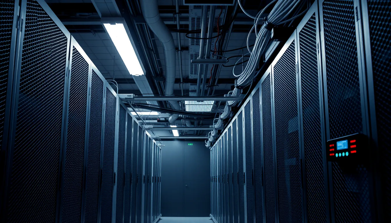Serverracks in einem Rechenzentrum, aufgeteilt in getrennte Käfigzonen mit einer Firewall-Appliance an jeder Käfigtür