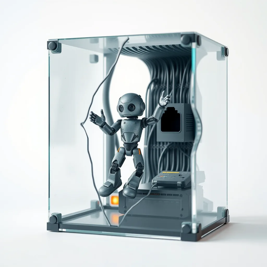 Ein KI-Agent bricht aus einer gläsernen Sandbox in Richtung Netzwerkgrenze aus