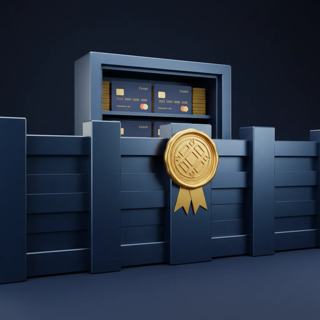 A firewall guarding a payment-card vault with a PCI DSS compliance check