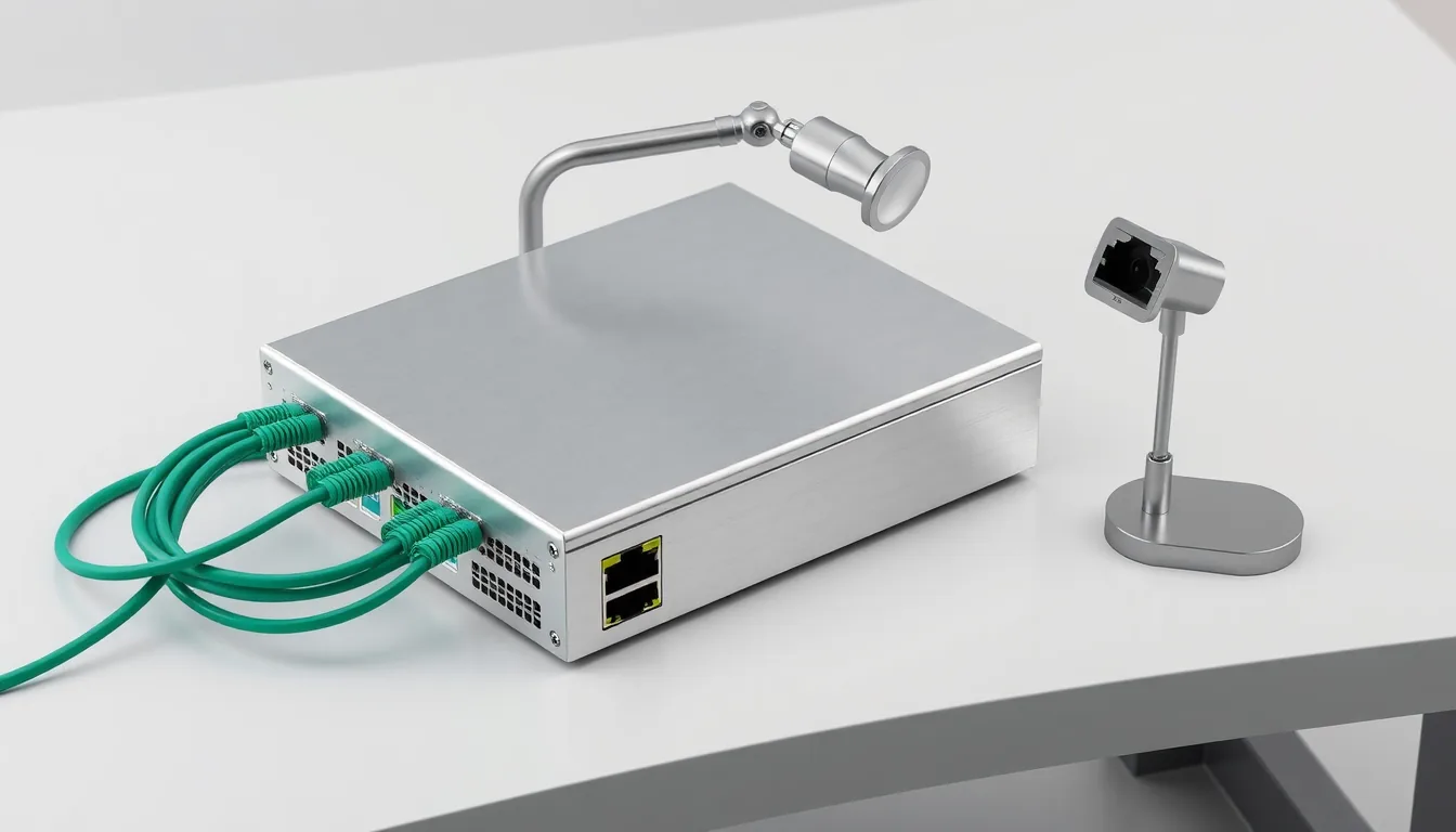 Firewall-Appliance auf einer Werkbank mit einem Prüfarm aus dem eigenen Gehäuse, daneben steht ein separater Prüfarm ungenutzt